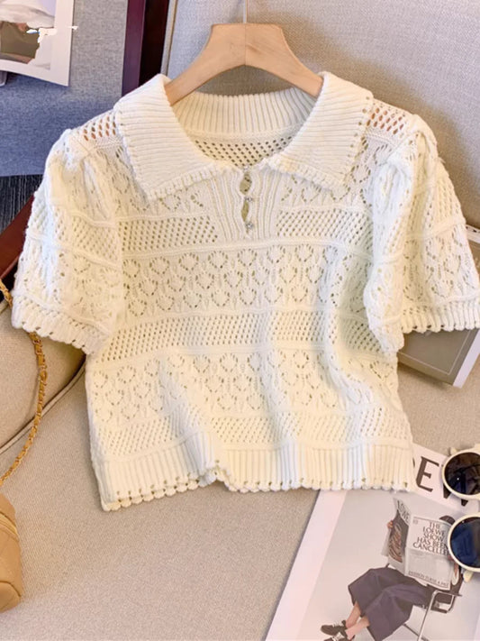 2024 New Hollow out Knitted Short Sleeve Neck T-Shirt Women Summer Sweet And Spicy Top Short Length Breathable