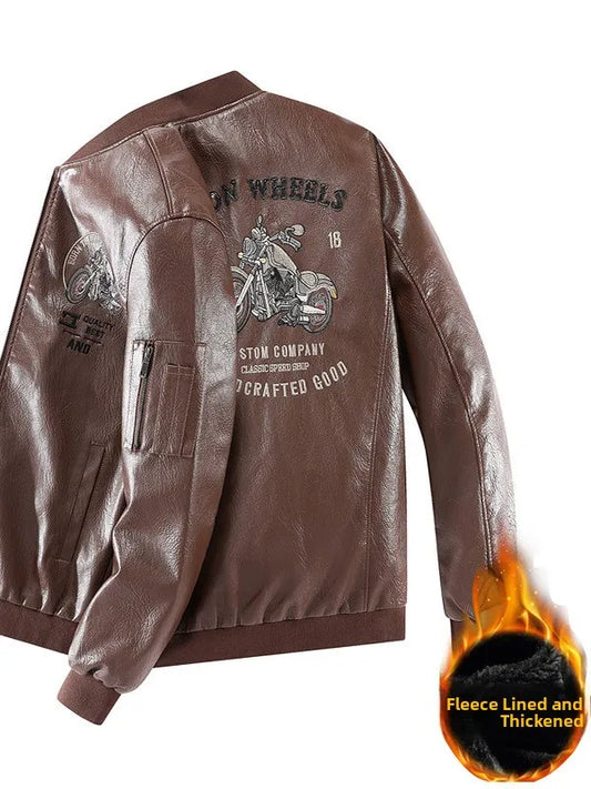 Leather Jacket Men's Baseball Collar Fleece Lined Thick Loose Casual Trendy Motorcycle Clothes Jacket Embroidered Outerwear