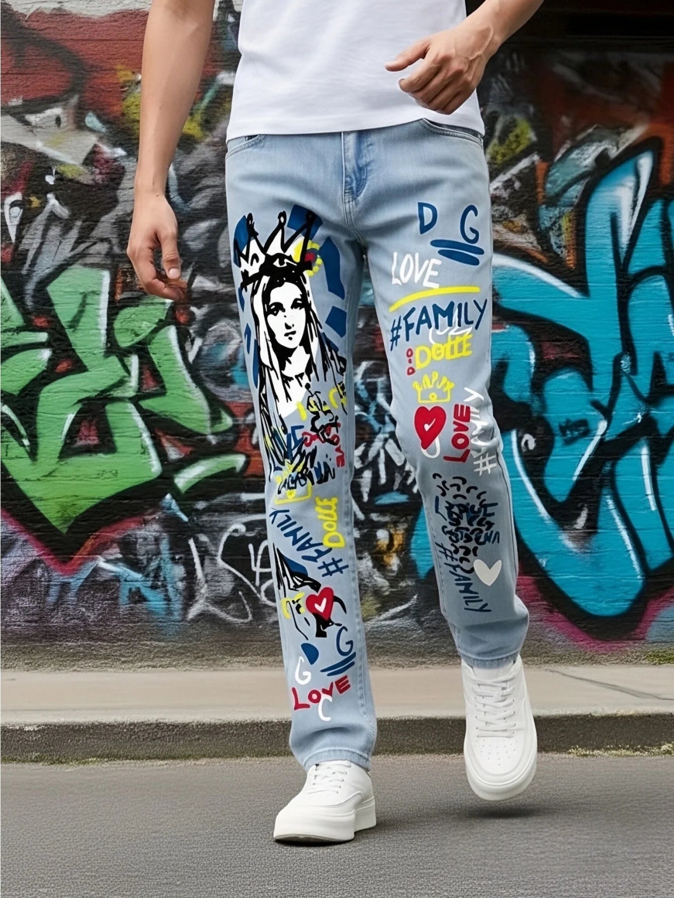 Fashionable Men's Jeans With Trendy Prints Highlighting Individuality Elastic And Breathable Fabric Free Shipping