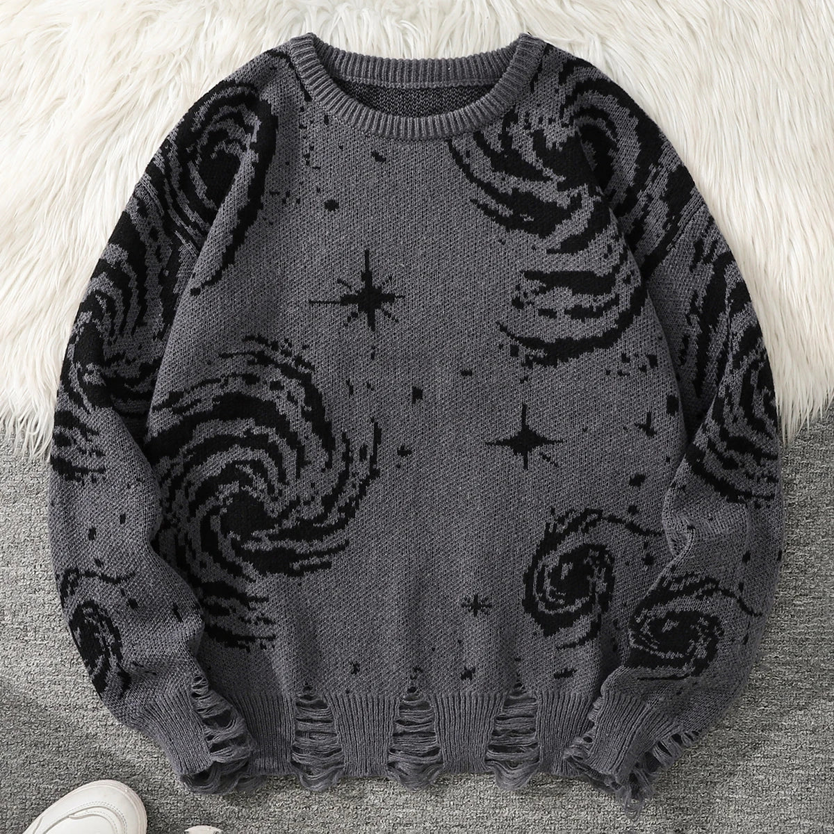 Men's Autumn and Winter Street Style Ripped Abstract Starry Sky Pattern Pullover Sweater, Casual Crew Neck Knit Men's Pullover, Regular Fit, Suitable for Autumn and Winter Seasons