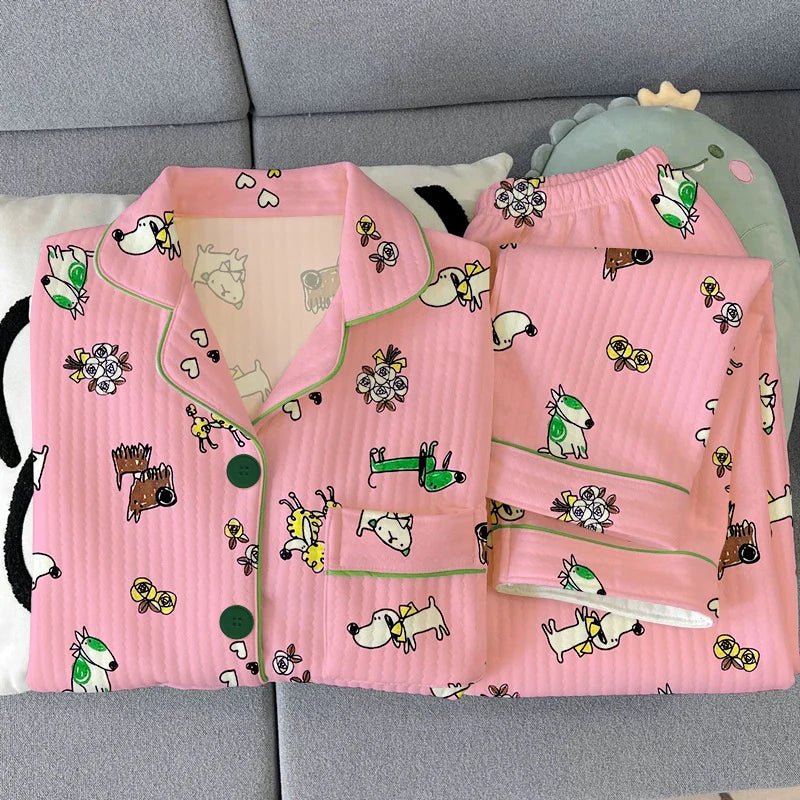 Thickened Air Cotton Sleepwear Set for Women Lazy Bear Cartoon Design Long Sleeve Long Pants Home Clothes Autumn Winter