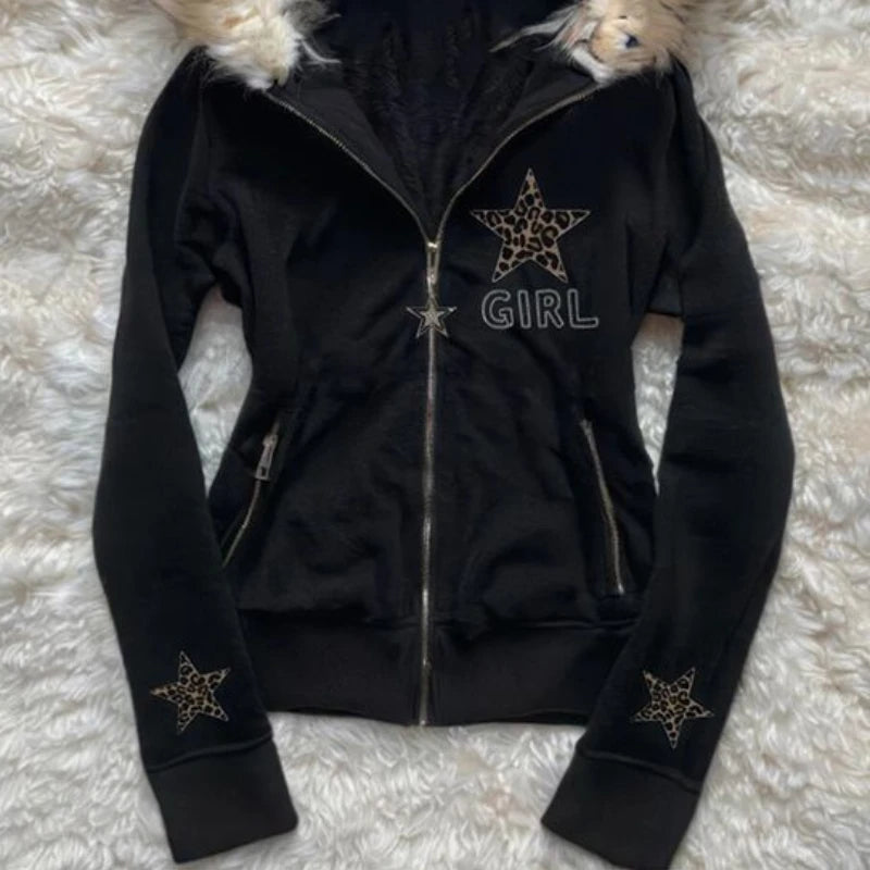 Retro autumn and winter subculture black leopard print star hooded fleece collar zipper sweatshirt Y2K hoodie