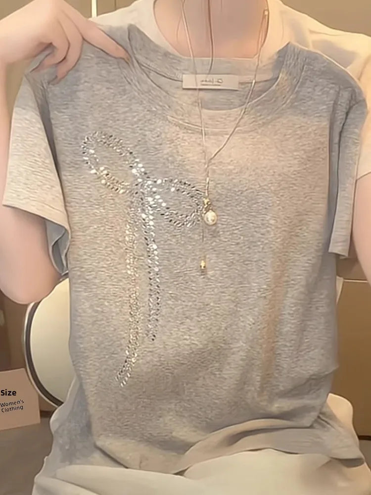 Elegant round Neck Short Sleeve T-Shirt Women's Summer New Style Knot Rhinestone Embellished Slimming Chinese Design