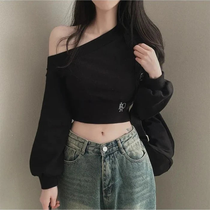 Slim Fit Long Sleeve Hoodie Women's Style Irregular Collar Show Shoulder Waist Cinching Short Length Commute Fashion Color