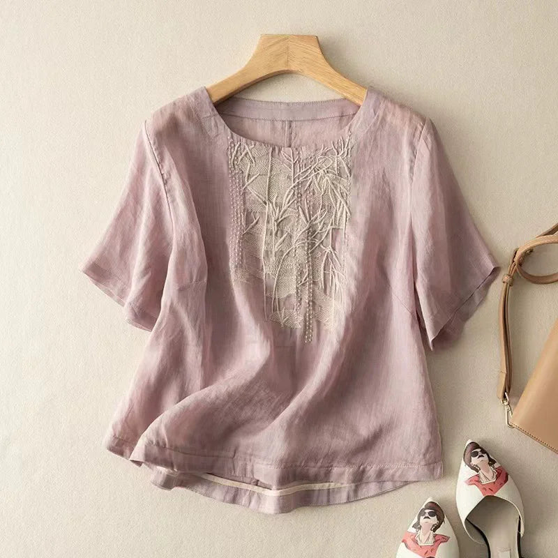 Fashion Thin Cotton Linen Y2k Tops Tee Women Clothing Summer Loose T Shirts Woman Embroidered T-shirt Blusa Casual Ladies tshirt