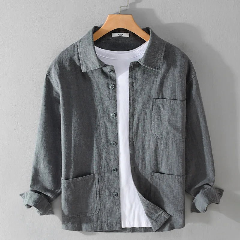 Spring Autumn New Solid Color Casual Long Sleeve Shirts for Men Clothing Cotton and Linen Soft Streetwear FY9796