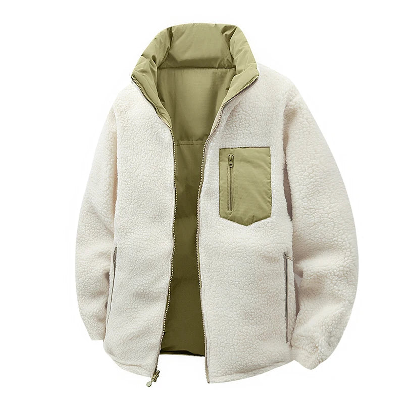 Outdoor Double-sided Lambskin Cotton-padded Jacket for Men, Winter Cotton-padded Jacket with Thickened Down and Lambskin Down