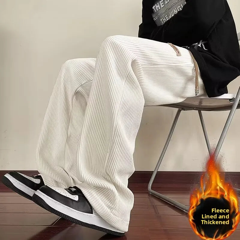 Men's Winter Thickened Fleece Lined Corduroy Wide Leg Sporty Casual Pants Loose Fit Straight Leg Long Trousers Fashionable Yo...