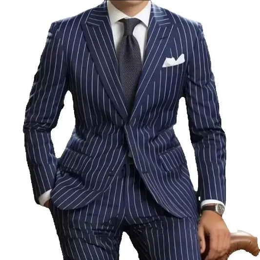 Navy Blue Pinstripe Men's Suits Fashion Peaked Lapel Two Buttons Groom Wedding Business Prom Party Male Suit (Jacket+Pants)