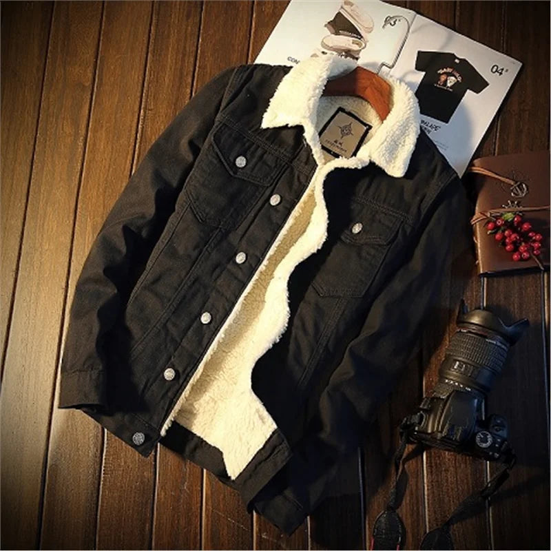 Men's Denim Jacket Fleece Lined Thickened Lamb Fur Collar Cotton Jacket Korean Loose Style Warm Cotton Coat Winter Outerwear