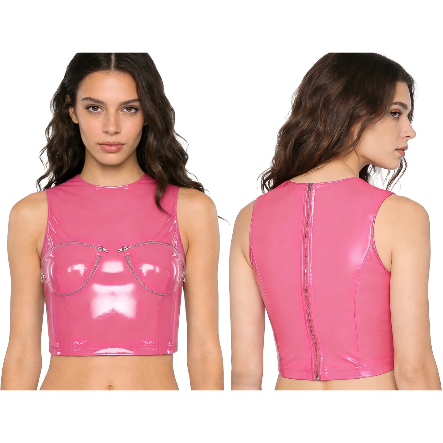 Womens Shiny PU Leather Front Zipper Crop Top Wet Look Crew Neck Sleeveless Back Zipper Slim Fit Tank Top Rave Party Blouse