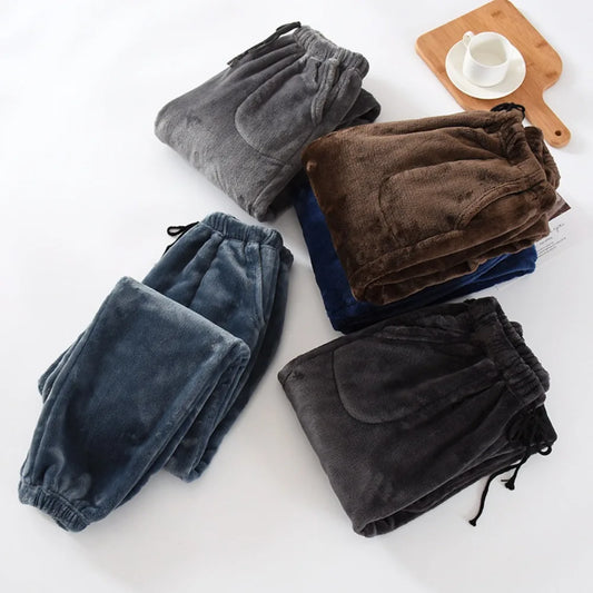 Mens Winter Fleece Lined Sleep Pants Warm Thickened Flannel Lounge Pants Elastic Cuff Homewear