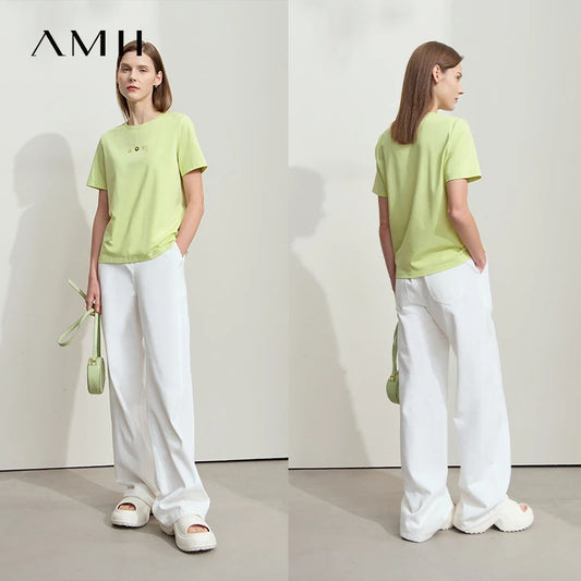 Amii Minimalist T-shirt Women's Tops O-neck Short Sleeves Geometric Decoration Antibacterial Cotton Elastic Casual Tees 12521088