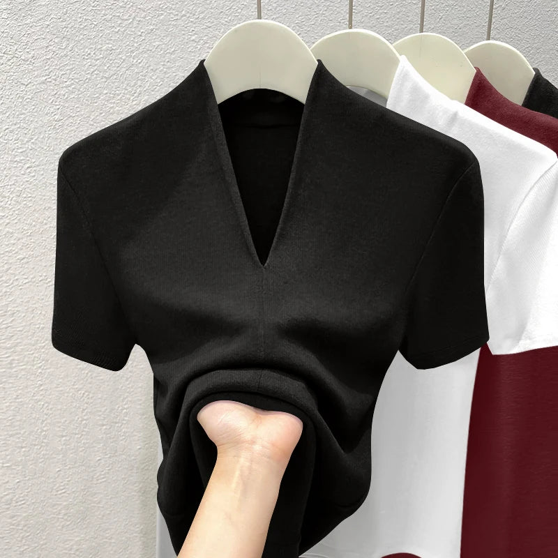 Premium Quality Short Sleeve V-Neck T-Shirt Women's Fashion Shoulder Design Versatile Base Shirt Summer Wear Comfortable Fit