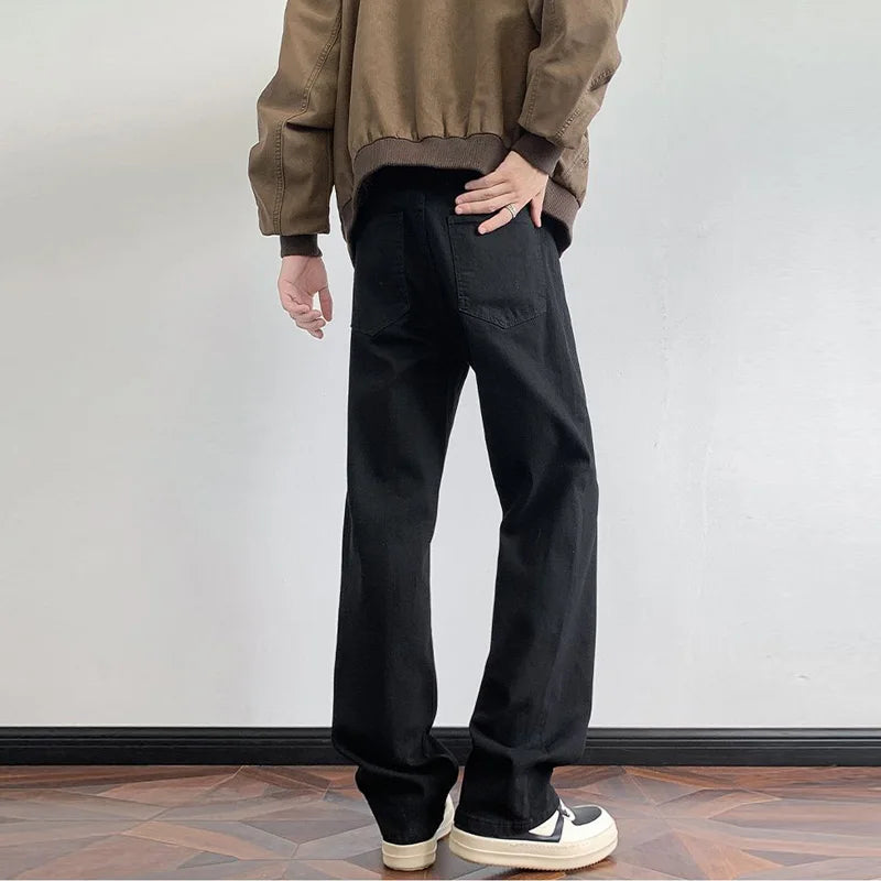 Men's Retro Faded Grey Jeans American Vintage Washed Elastic Denim Pants Loose Wide Leg Casual Streetwear Straight Jean Trousers