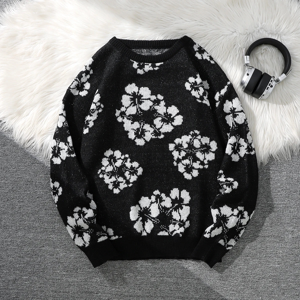 All-Over Floral Jacquard Pattern Pullover Sweater, Casual Crew Neck Knit Men's Pullover, Super Cool Winter Gift