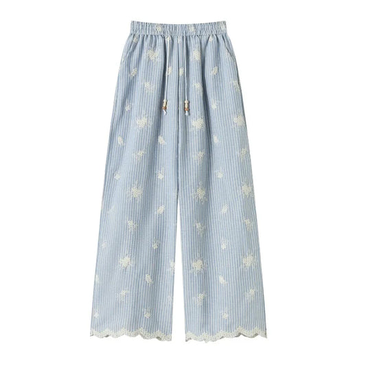 Vintage Blue Striped Embroidered Wide-leg Pants Women's Summer 2026 High-waisted Lace Stitching Casual Straight Trousers Popular