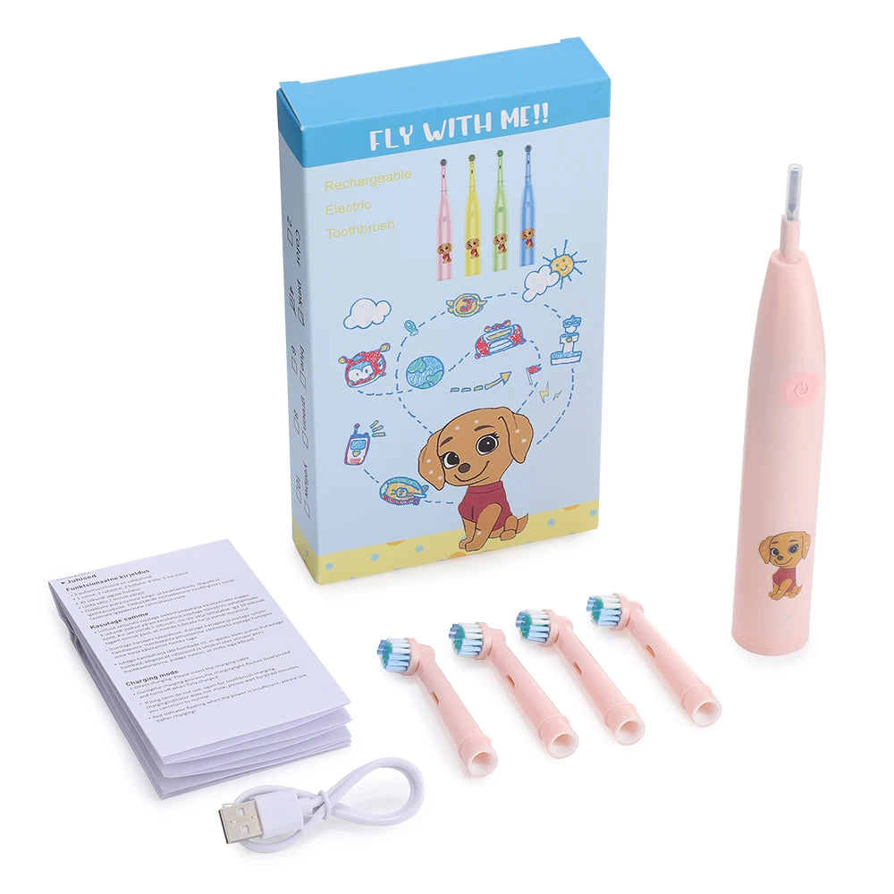  5 Modes Timer Electric Toothbrush Children Cartoon Smart Round Head Rotating Oral Teeth Cleaning Tool with Replacement Heads