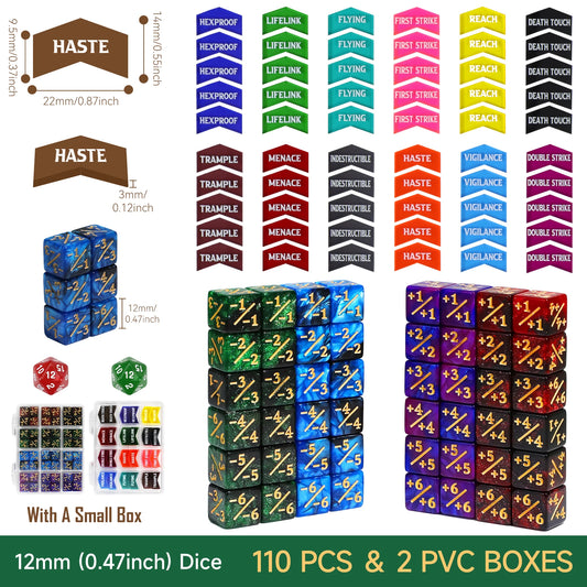 110PCS MTG Dice Tokens Set Keyword Counters +1/+1 & -1/-1 Counters 2xD20 Life Trackers, 12mm Size with Storage Box, Compatible