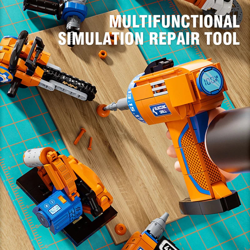 Pretend Play Mini Tool Set Building Blocks DIY Nail Gun Chainsaw Angle Grinder Circular Saw Educational Toy Boys Birthday Gift