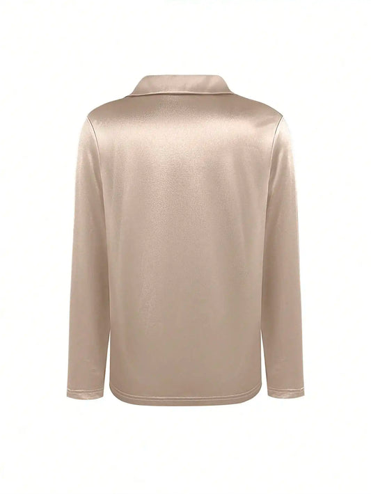 Elegant Satin V-Neck Shirt - Stylish Long-Sleeve Women's Top, Suitable for Casual and Refined Office Commuting, Silk Fabric Autu