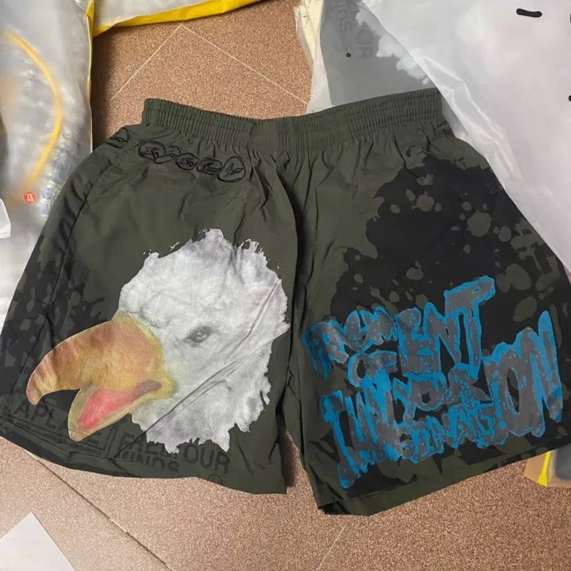 Summer Vintage Street Cactus Jack Shorts Lightning Eagle Print Embroidered Logo Mesh Nylon Elastic Waist Casual Shorts Men Pants