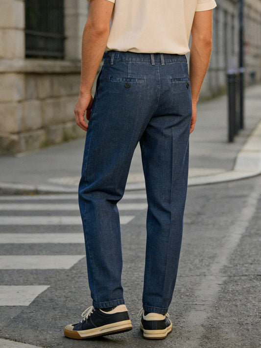026 Spring Summer Men's Denim Look Woven Trousers, Neapolitan Double Pleat High Waist Straight Leg Business Dress Pants