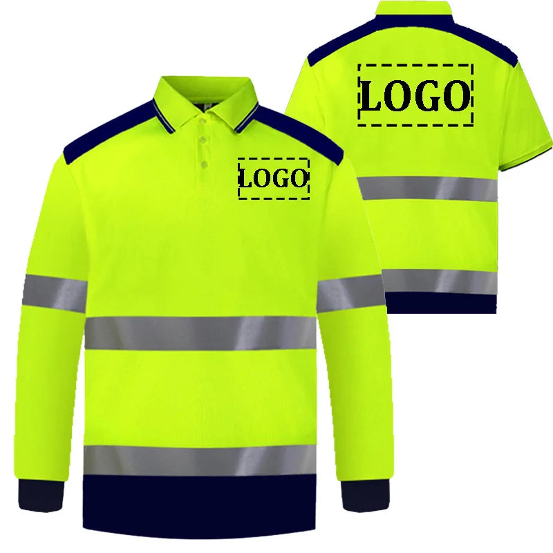 Hi Vis Safety Long Sleeve Polo Shirt Logo Customized Quick Dry Summer Reflective Shirt Construction Work T-shirt