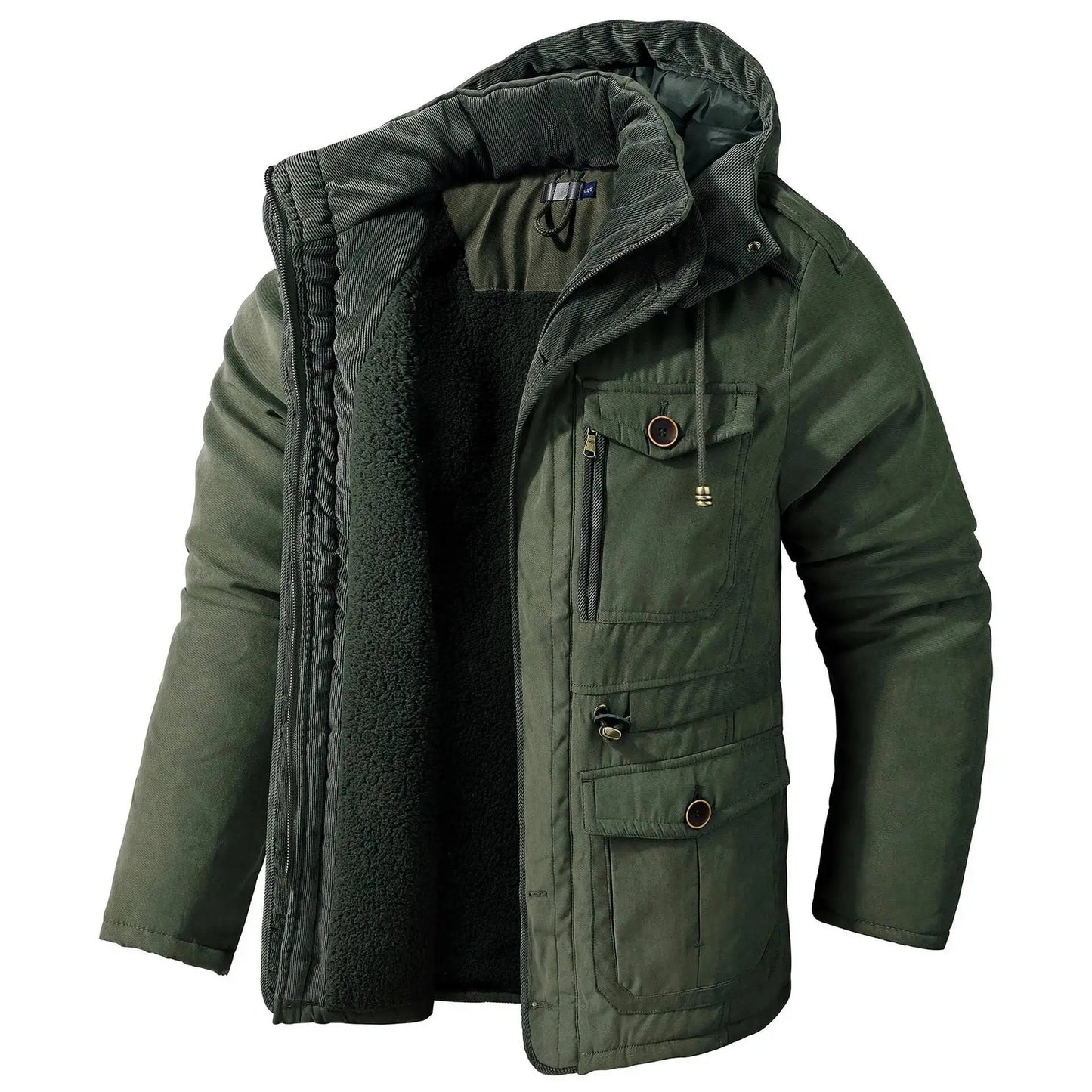 2025 Winter Men's American Fashion Versatile Hooded Cotton Jacket Thickened Multi Pocket Casual Simple Medium Length Top Coats