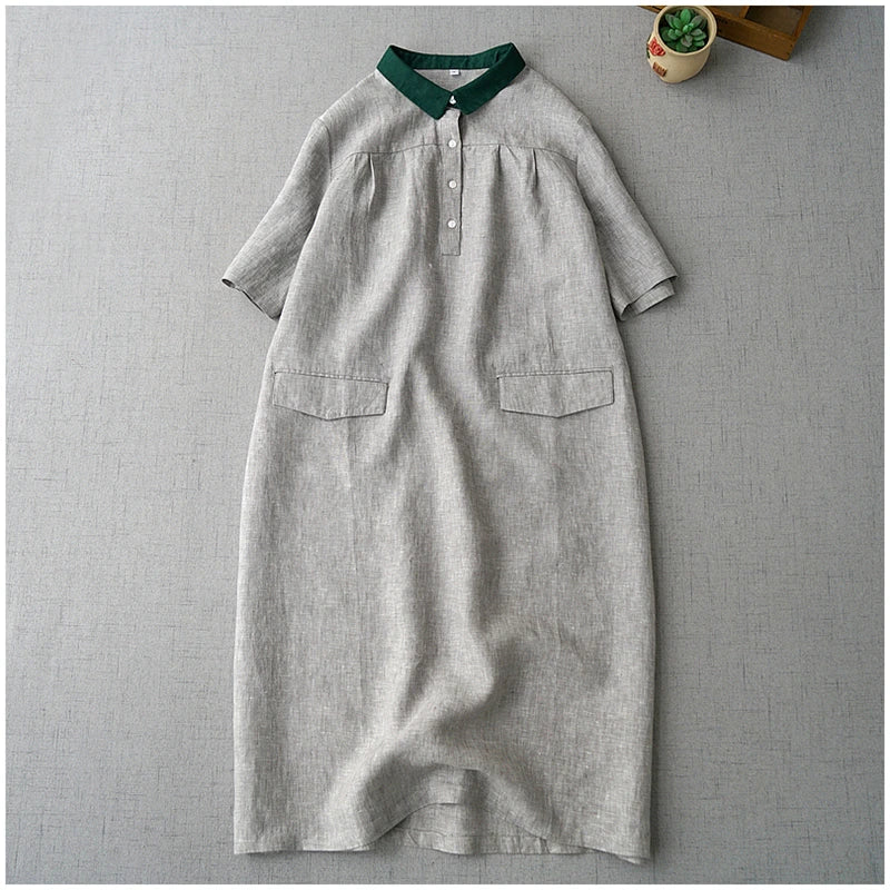 Ele Contrast Color Collar Linen ort Sve irt Dr Women's Summer New Artistic Versatile Midi Dr Comfortable A-L...