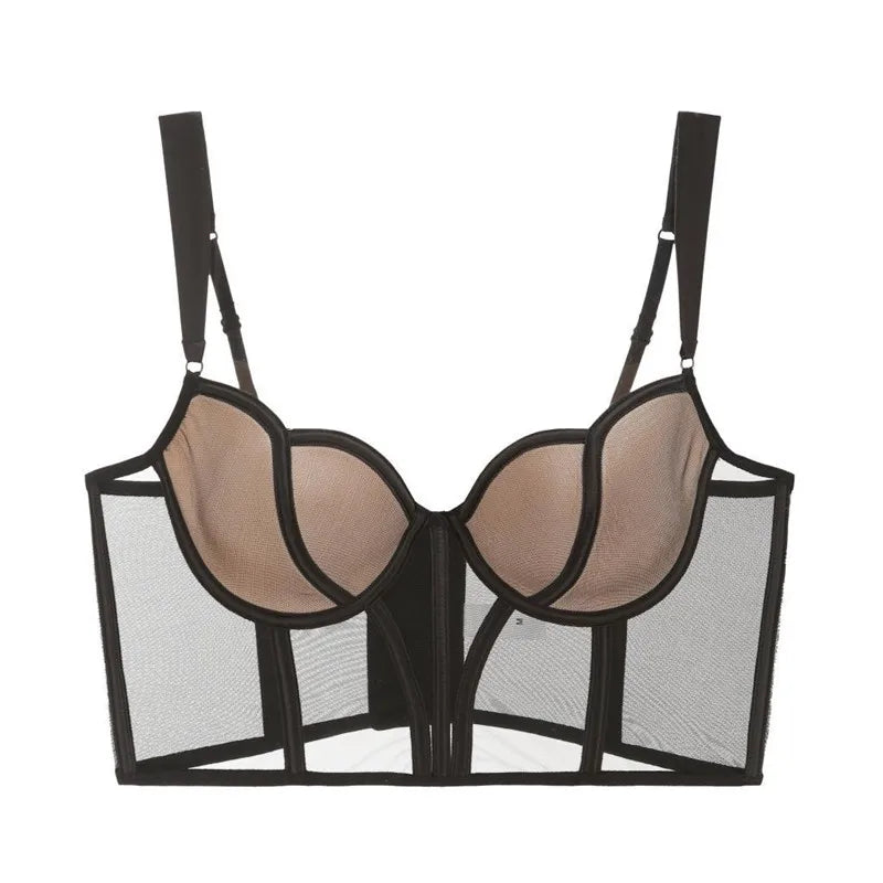French Long Fishbone Mesh Patchwork Bra Set Slim Shaping Chest Lift Up Sexy Lingerie Outfit Soft Comfortable Underwear S-XL Suit