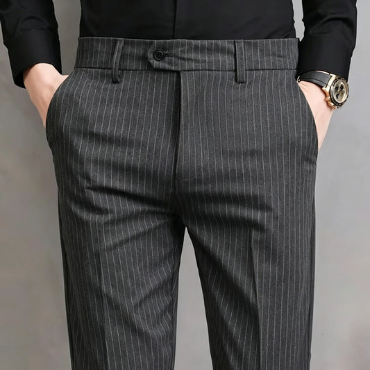 Pinstripe Pattern Suit Pants for Man Formal Dress Slim Fit Pants Elastic Waist Summer Thin Casual Trousers Male Business Wedding