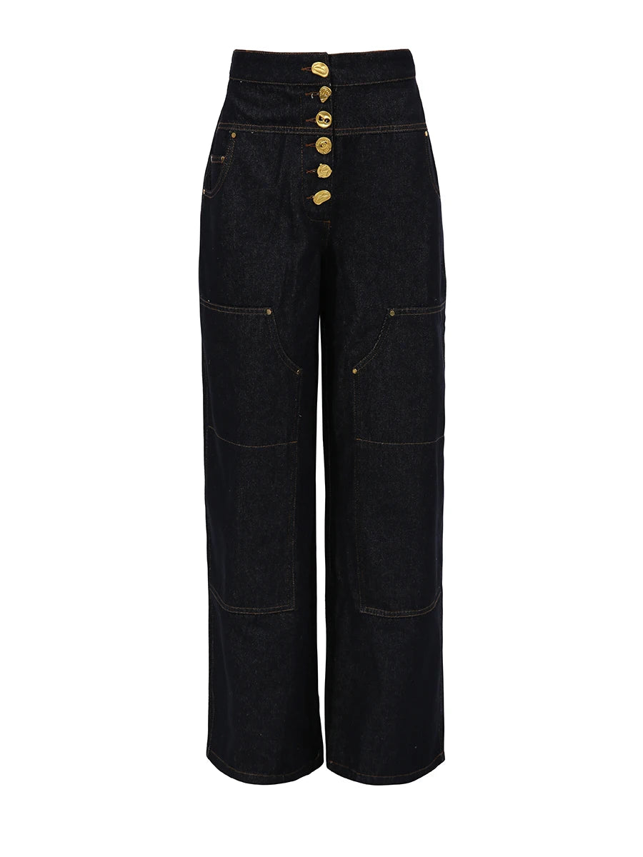VGH Solid Spliced Button Loose Denim Two Piece Sets For Women Lapel Long Sleeve Top High Waist Pants Chic Set Female Fashion