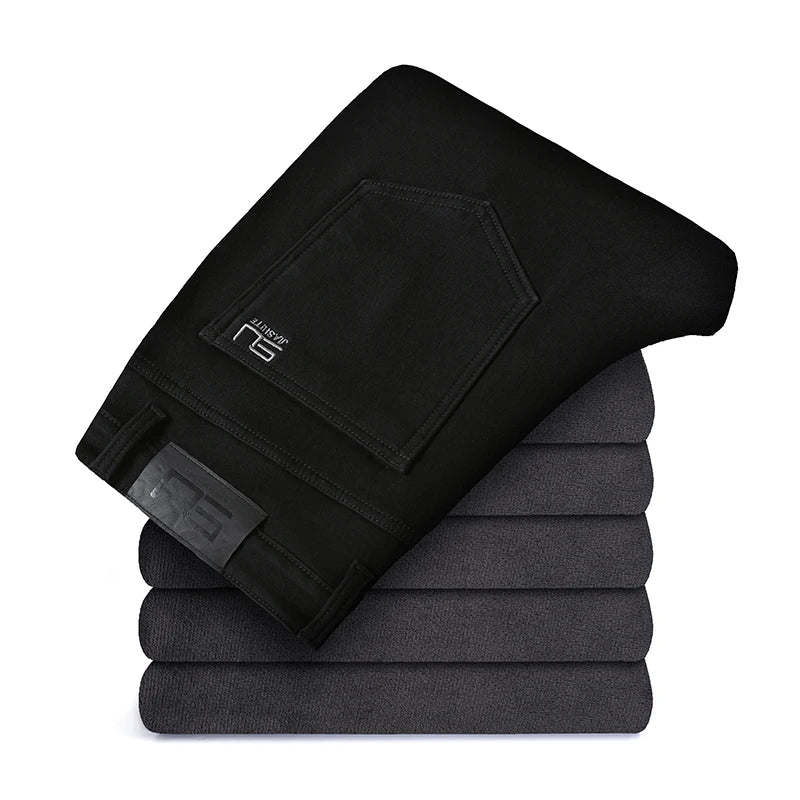 Winter Black Elastic Warm Jeans Men's High Quality Thick Fleece Elastic Slim Straight Denim Pants Korean Fashion Plush Trousers