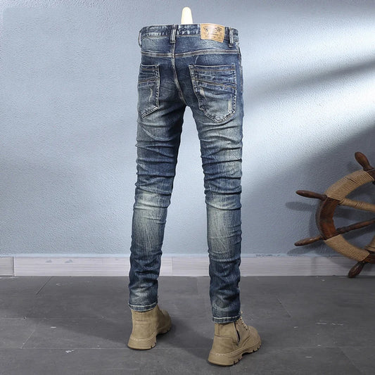 Y2K Fashion New High-Quality Jeans Scratch Wash Nostalgic Stretch Slim Fit Retro Blue Men's Jeans Designer High-Quality Jean