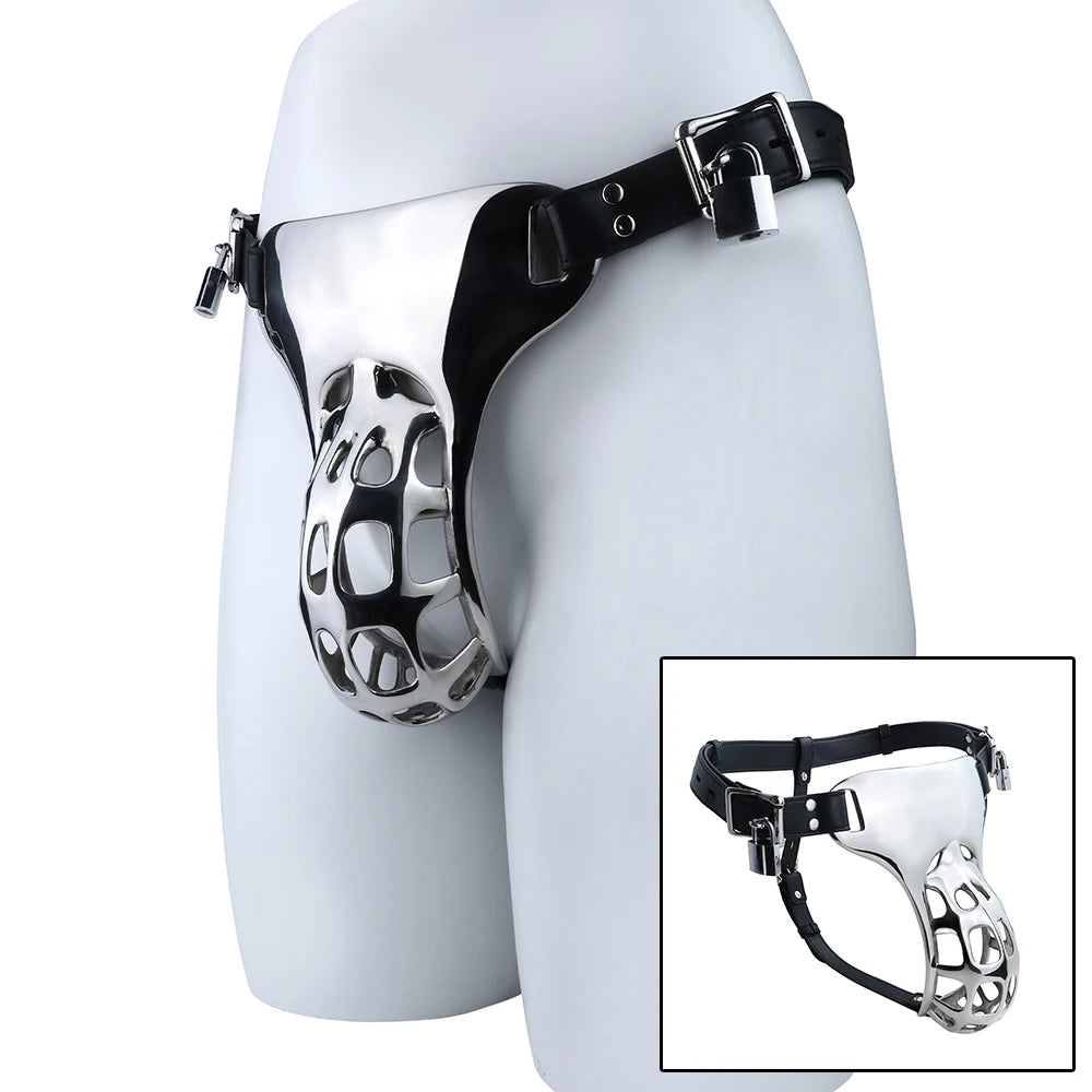 QKKQ Wearable Heavy Stainless Steel Adult Briefs With Microfiber Leather Cock Cages Penis Bondage Chastity Cage Metal Underwear