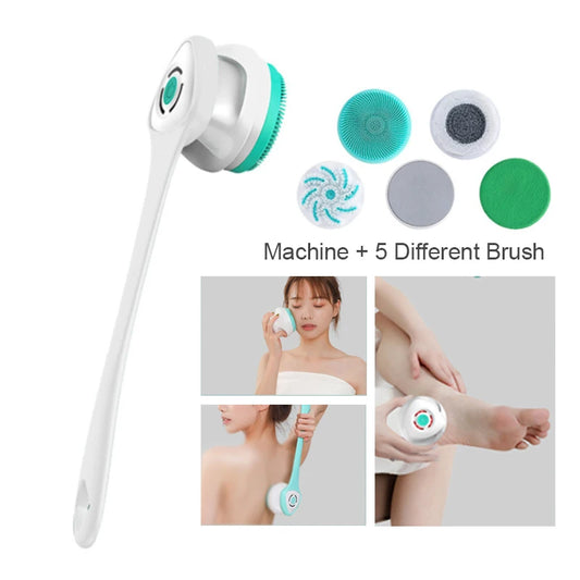Electric Bath Brush 5-in-1 Long Handle Rechargeable Spin Body Facial Scrubber Back Rubbing Cleaning Massage Spa Shower Brush