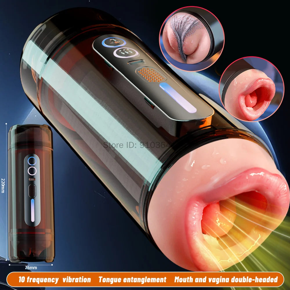 Realistic Oral Vagina Two Head Use Male Masturbator Automatic Vibrating Moaning Pocket Pussy Voice Blowjob Cup Sex Toys for Men