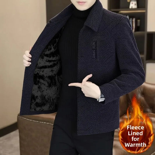 Thickened Fleece Men's Woolen Coat Casual Business Midlife Stand Collar Dad Jacket Autumn Winter Outerwear Standard Fit Long ...