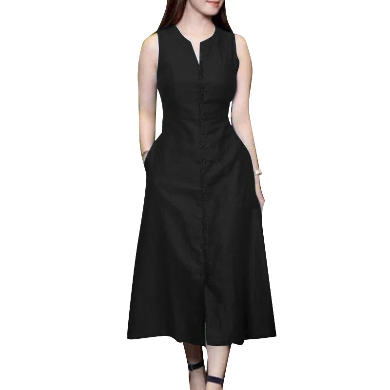 ZANZEA 2025 Summer Sundress Women Stylish Solid Party Holiday Vestidos Elegant V Neck Sleeveless Midi Dress Robe Femme Kaftan