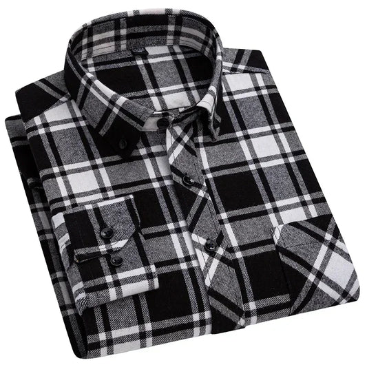 Autumn Winter Plaid Shirts Thick Flannel Shirt Standard-Fit for Men Long Sleeve Pure Cotton Patch Pocket Design Young