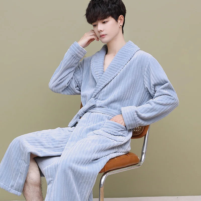 Thiened Coral Fce Men's Batobe Winter Pyjamas Flannel Robe Large Size Morning Robe Fce Home Clothes Polyester Fiber