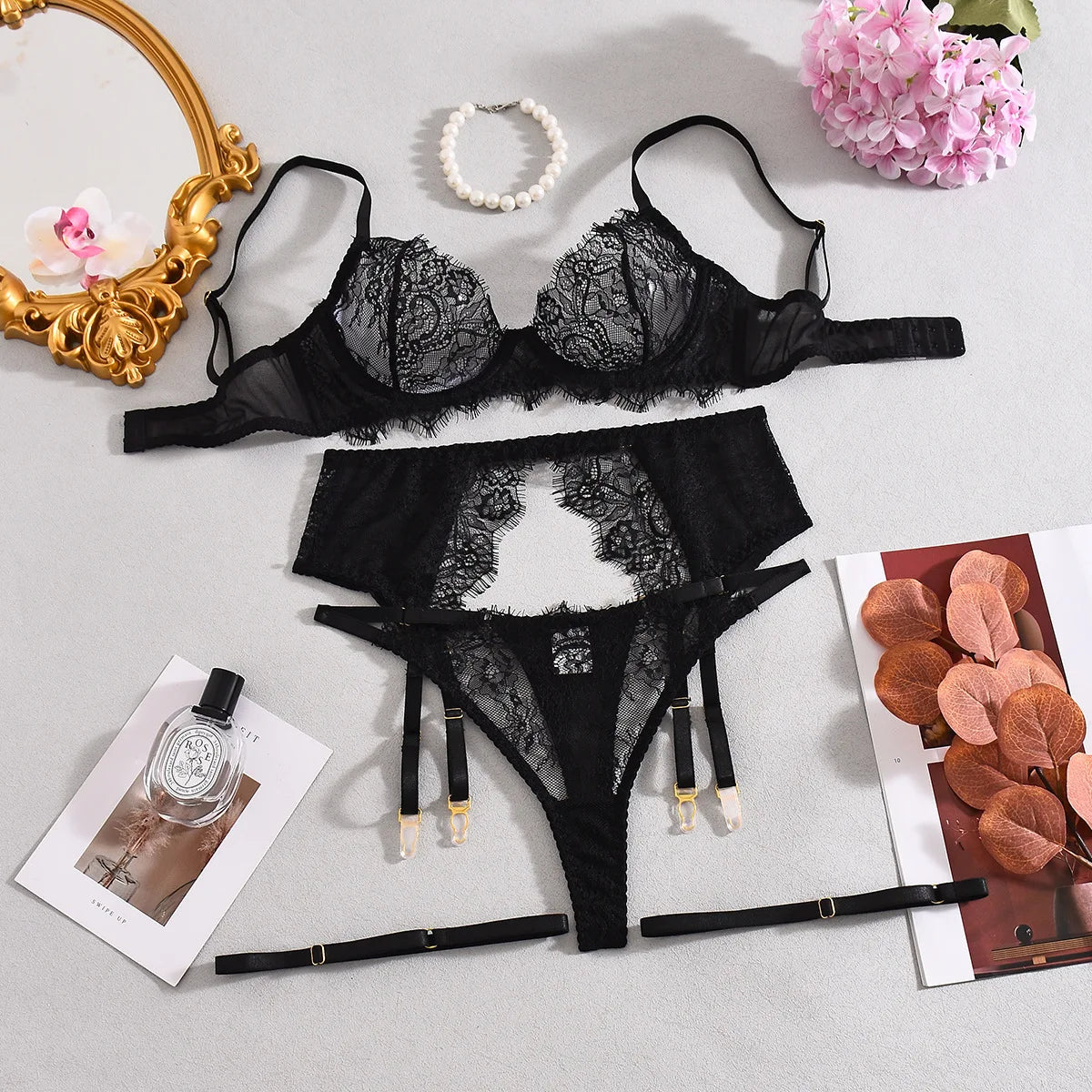 Ellolace Solid Lingeries Sexy Hot Elegant Bra Belt Thong 3PC with Leg Circles Cute Intimate Seductive Lace Tempted Underwear