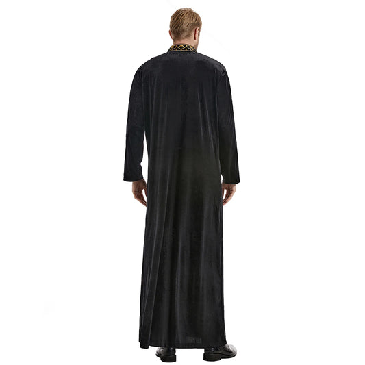 TH825 Men's Muslim Middle Eastern Men Long Sleeves Velvet Embroidered Zipper Robe Ramadan Eid Jubba Thobe