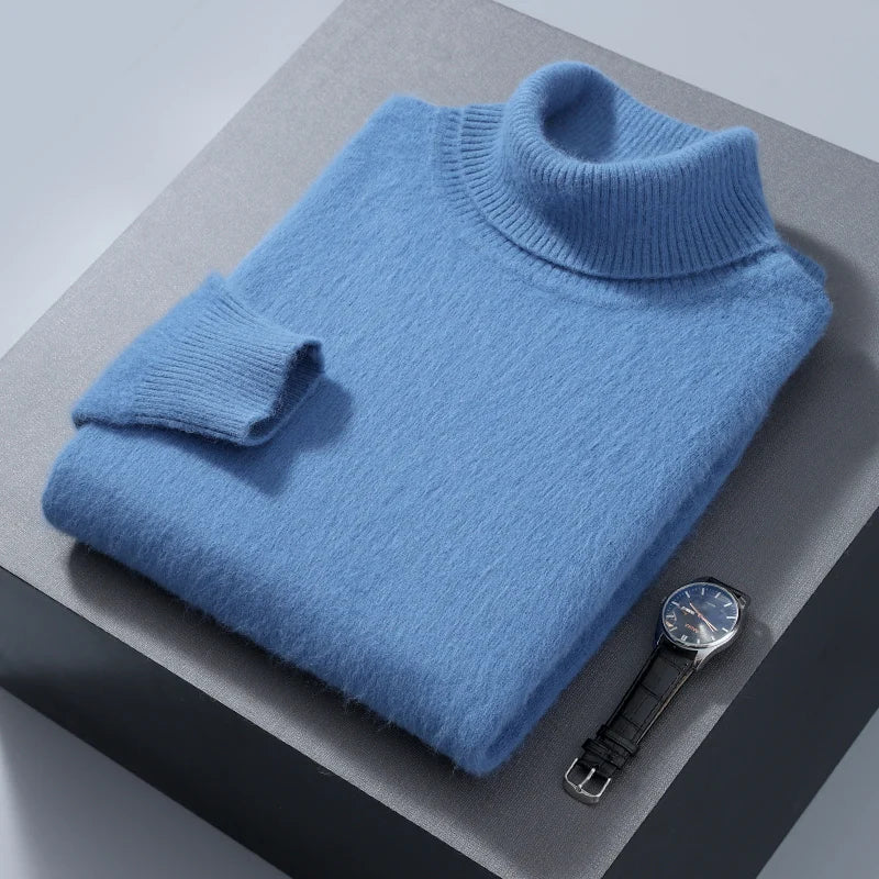 Autumn and Winter Men Loose Turtleneck 100% Mink Cashmere Sweater Men's Casual Thermal Pullover Solid Color Knit Plus-Size Top