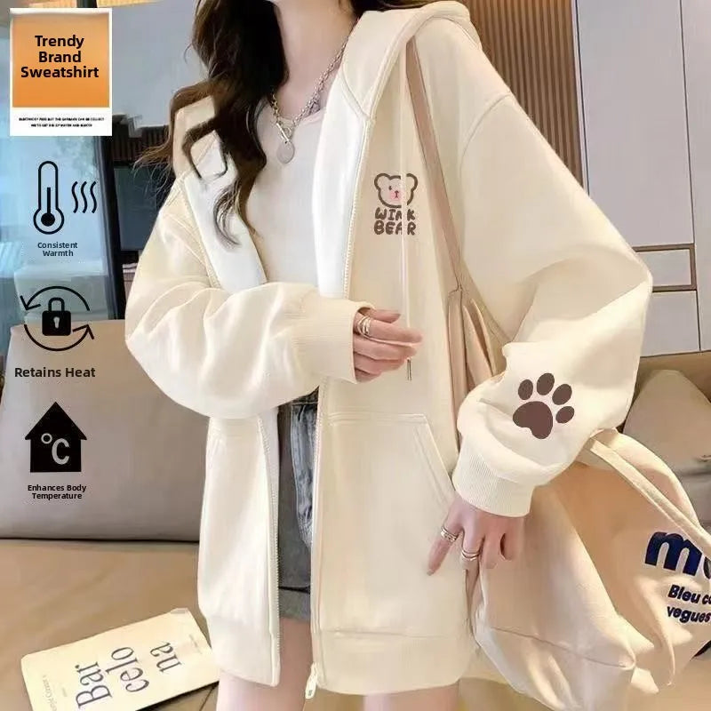 Korean Style Fleece Lined Oversized Hooded Cardigan Women's Autumn Winter Zipper Cartoon Print Top Coat Trendy Streetwear