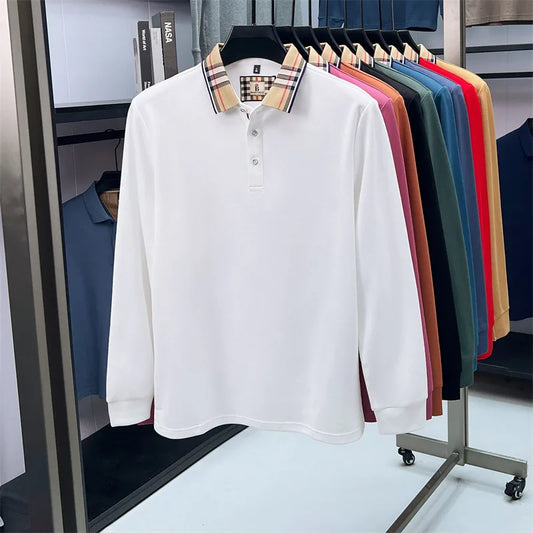 Fashion silk cotton long sleeve polo shirt men's autumn luxury brand simple comfortable new business and leisure lapel T-shirt