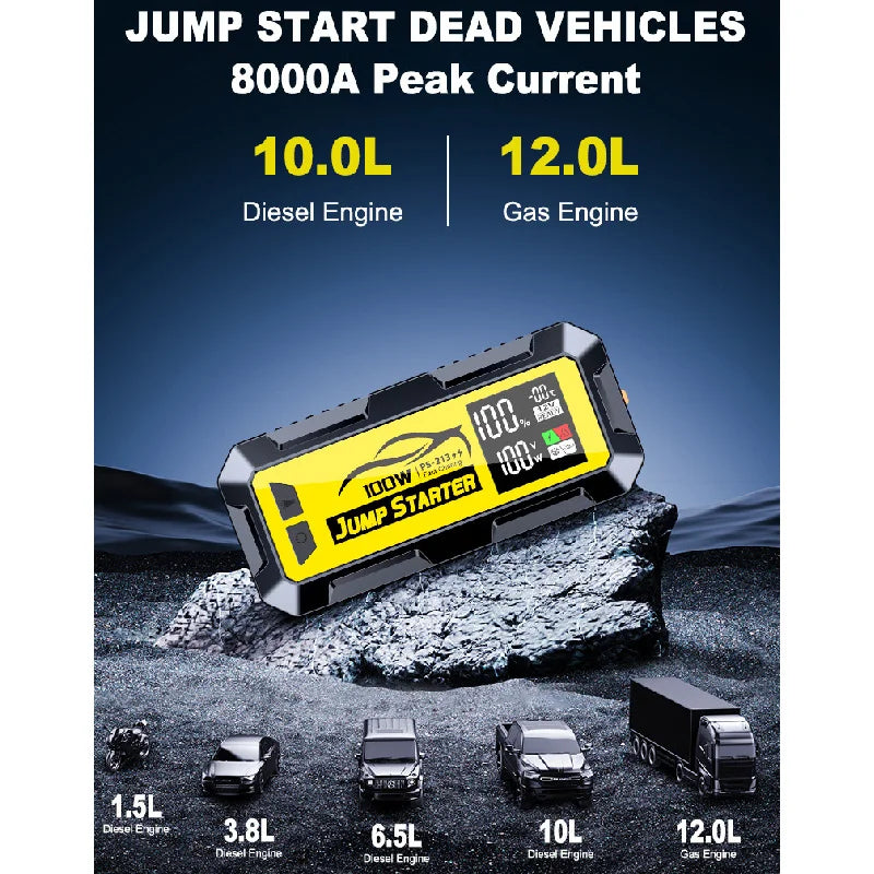 8000A 100W 24000mAh Car Emergency Jump Starter Power Bank Super Capacitor With Fast Charging Booster Car Battery And DC Output