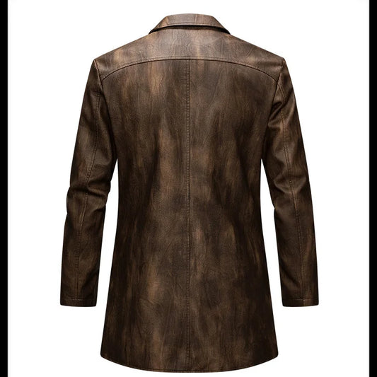 Man Leather Coat Autumn Winter American Retro Turn Down Collar Male Outerwear Mid Length Single-breasted Long Sleeve Men Jacket