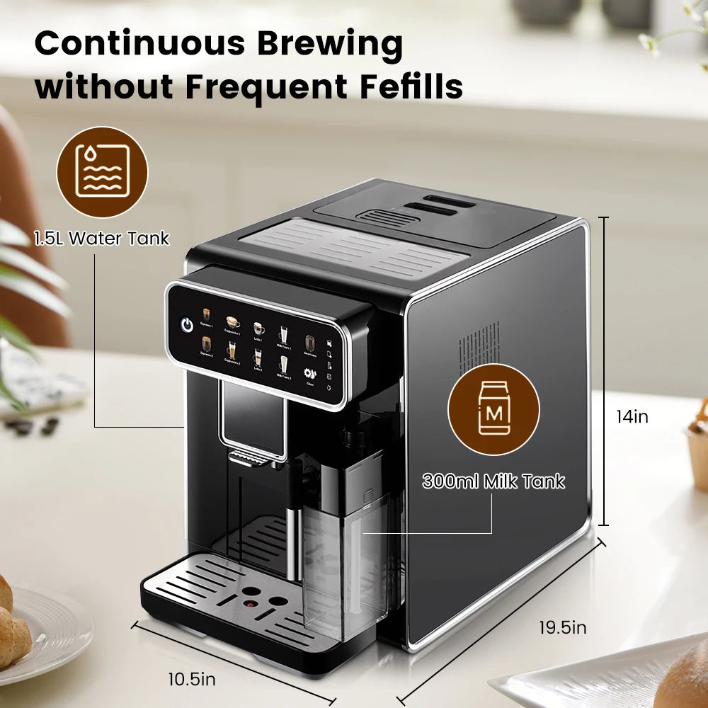 Mcilpoog AM7203 Automatic Espresso Machine ,Built-In Milk Frother & Tank, 7 Coffee Varieties, Touchscreen